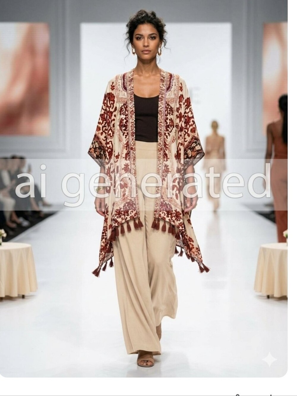 Vince Camuto Cream and Brown Floral Boho Kimono Cape